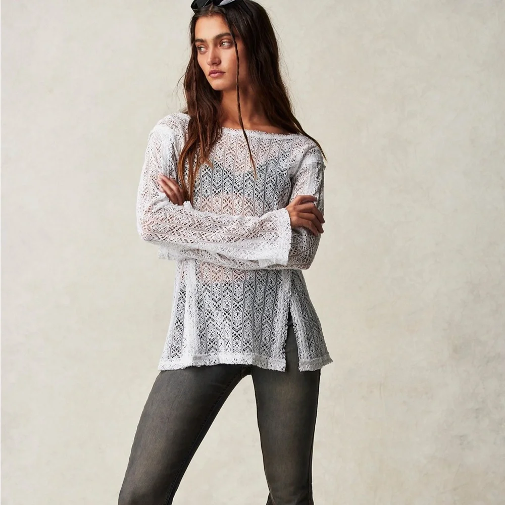 Free People On The Road Twisted Lace Tee in Ivory size XS NWT
